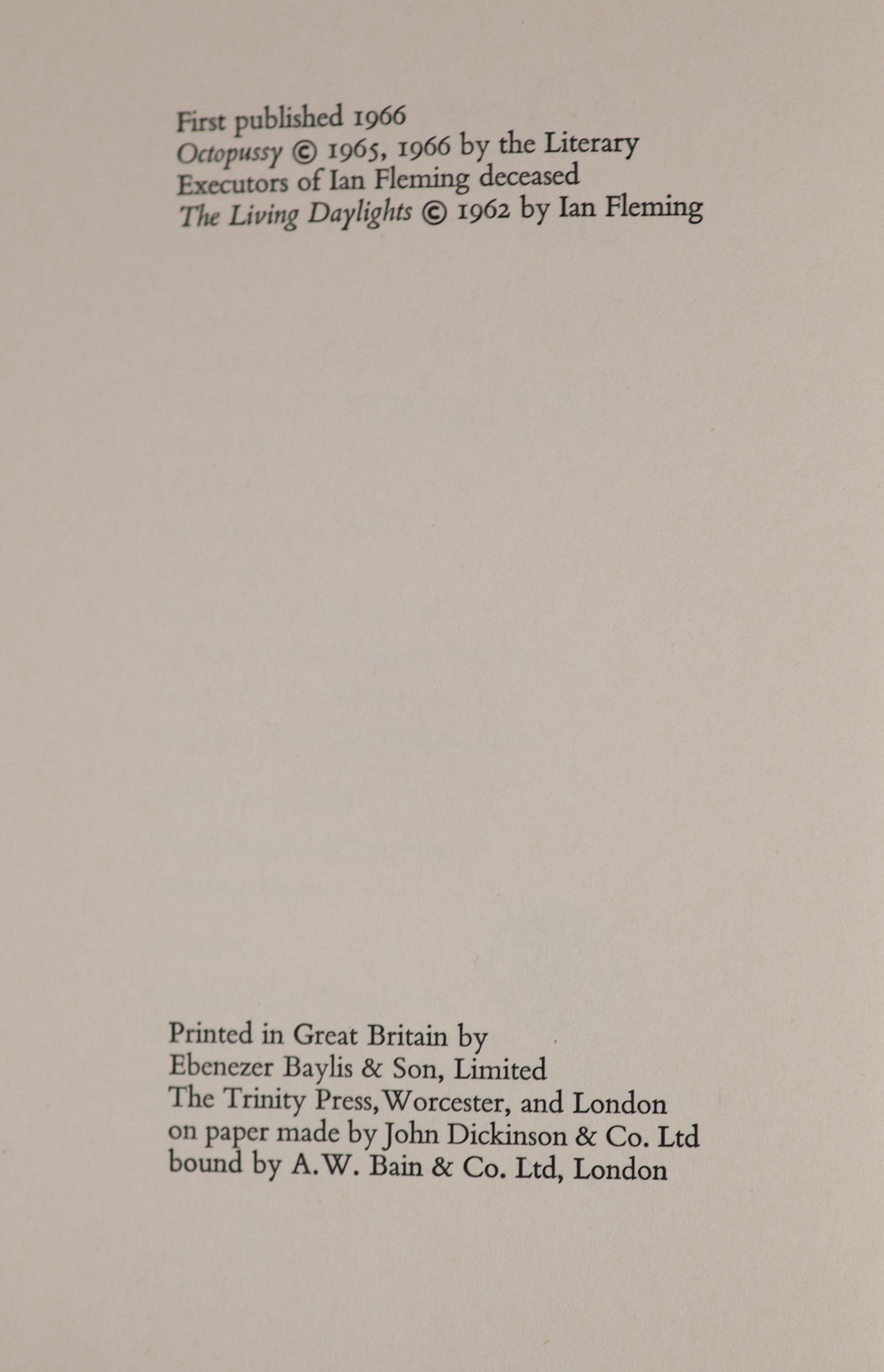 Fleming, Ian - Octopussy and The Living Daylights, 1st edition, 8vo, black cloth with stamped silver lettering, with unclipped d/j, Jonathan Cape, London, 1966